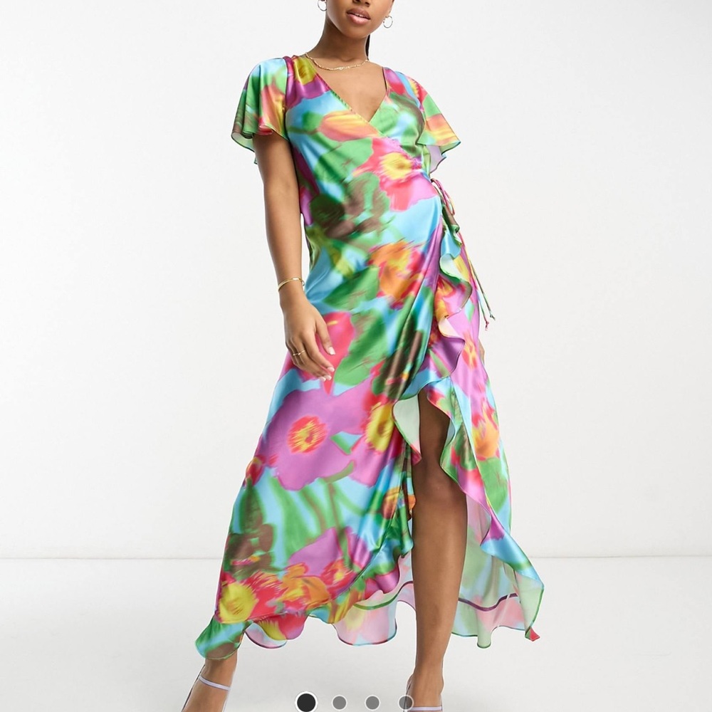 NWT ASOS Multicolor Ruffle Tropical Floral Maxi Slit Dress Size US 0